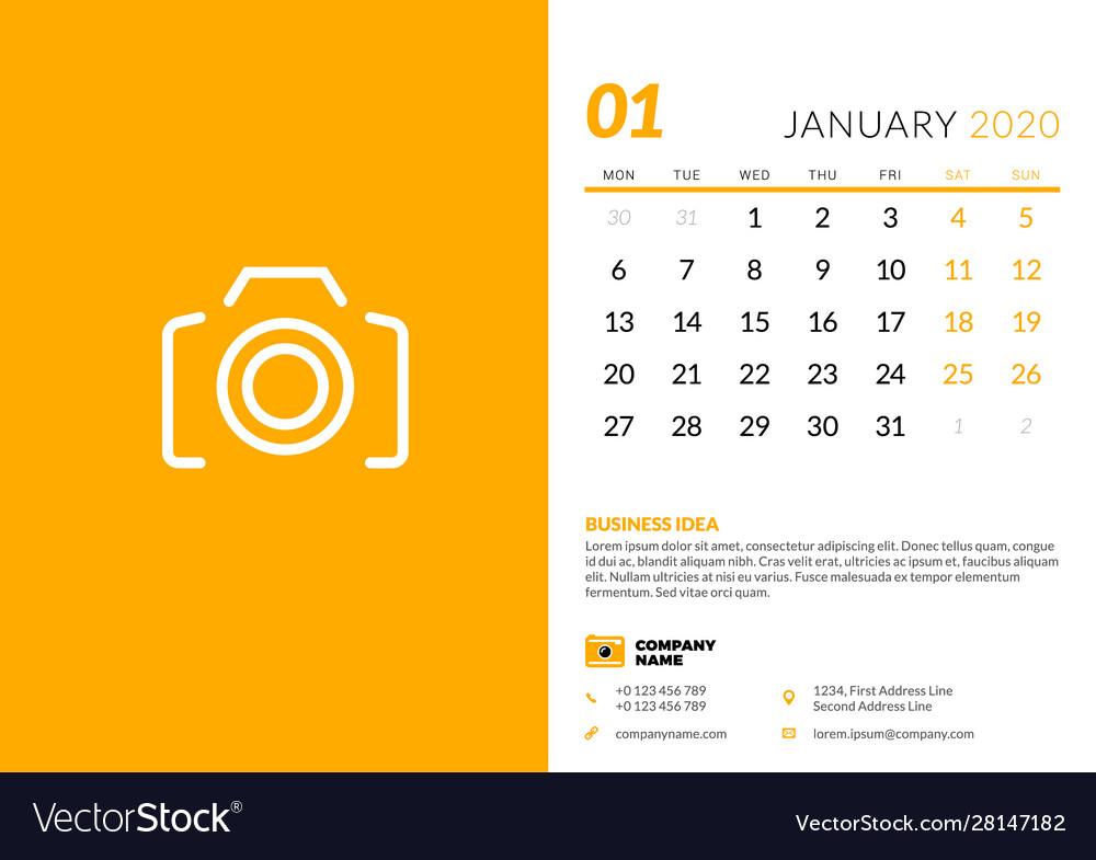 Desk calendar template for january 2020 week