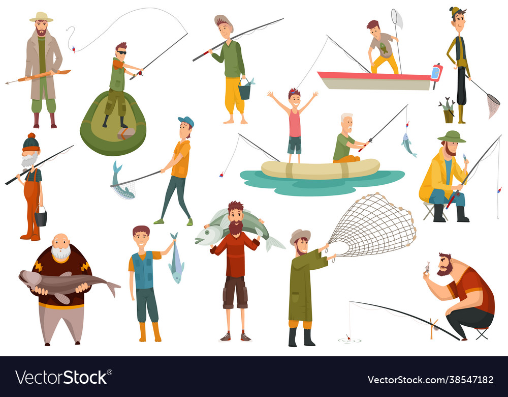 Group Fishermans Fishing With Fish Set Fishing Vector Image