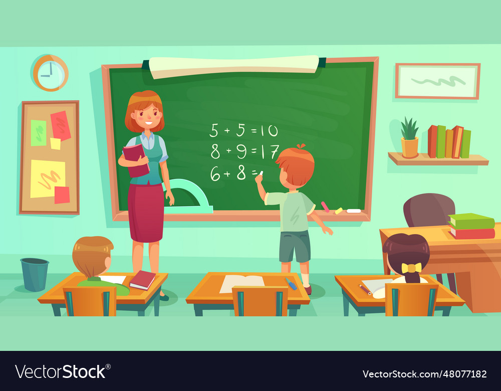 Maths class woman teacher and pupils sitting Vector Image