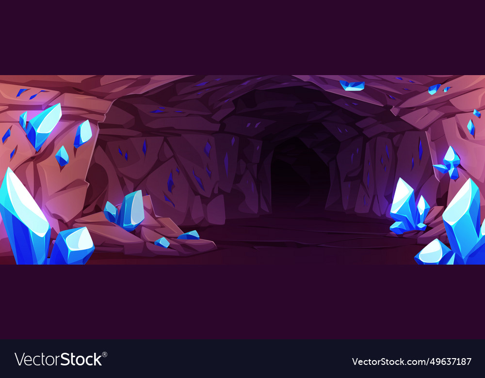 Dark cave with blue gemstones on walls Royalty Free Vector