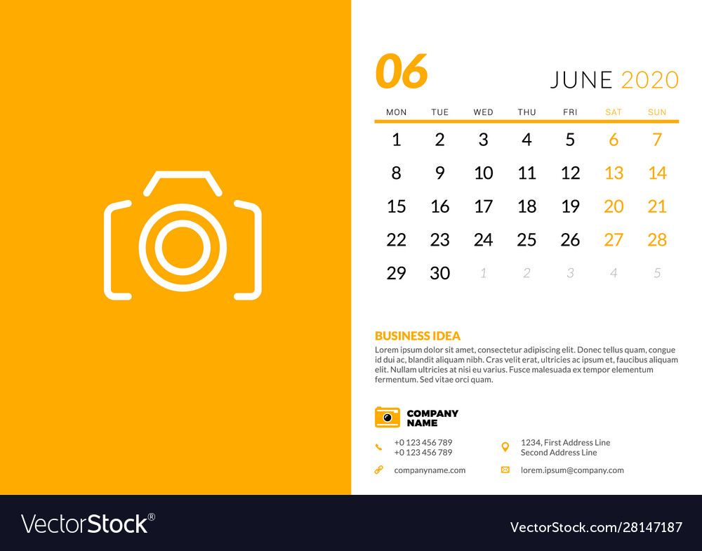 desk calendar template for june 2020 week starts vector image