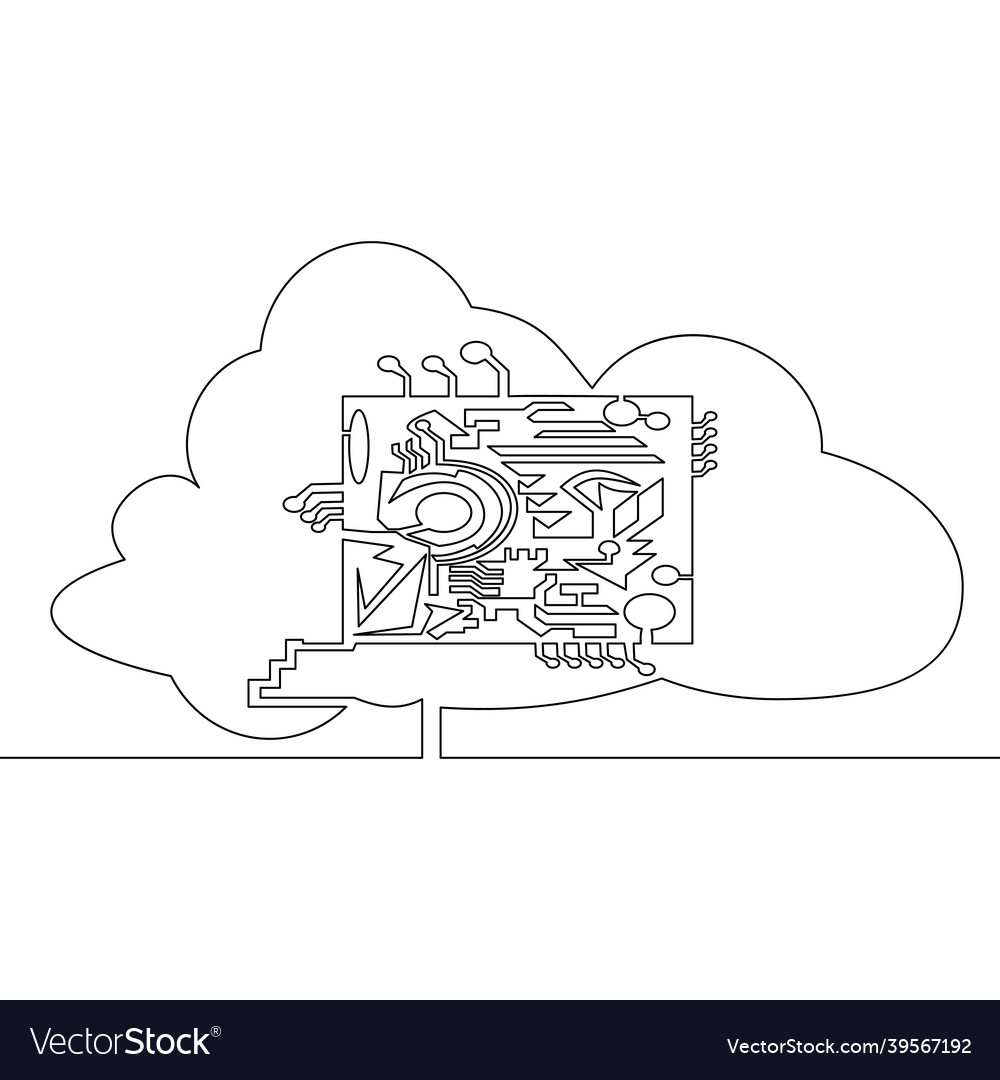 Continuous line drawing cloud chip circuit concept vector image Continuous line drawing cloud chip circuit concept
