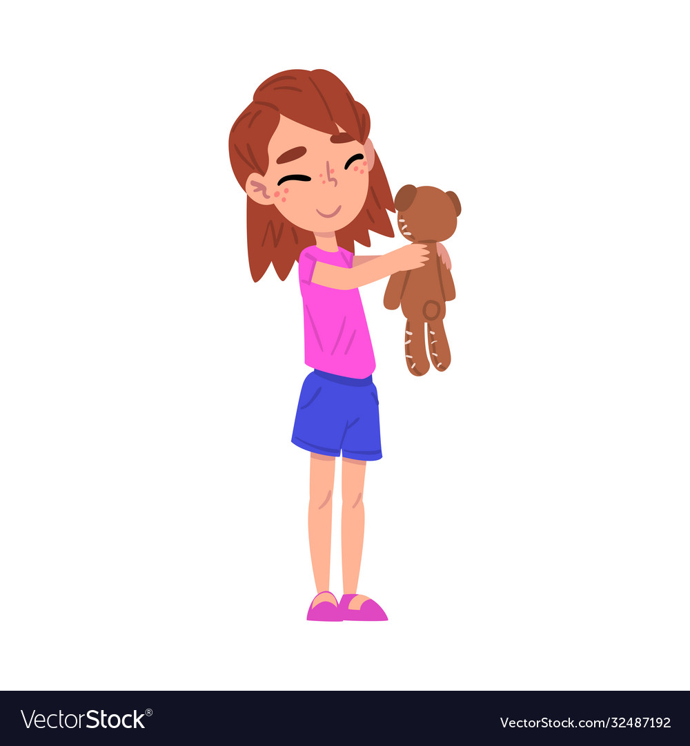 Cute girl holding teddy bear adorable kid playing Vector Image