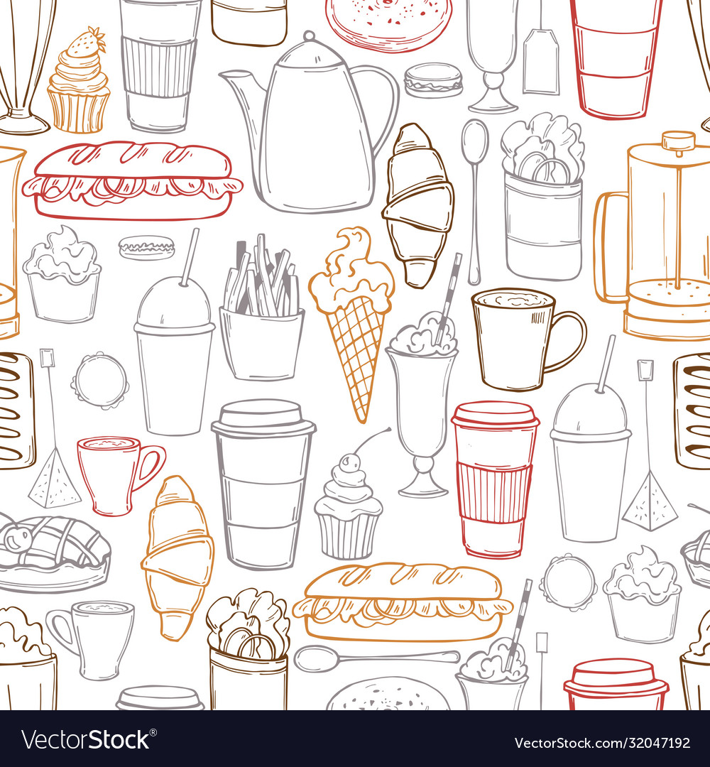 Hand drawn coffee shop food seamless pattern