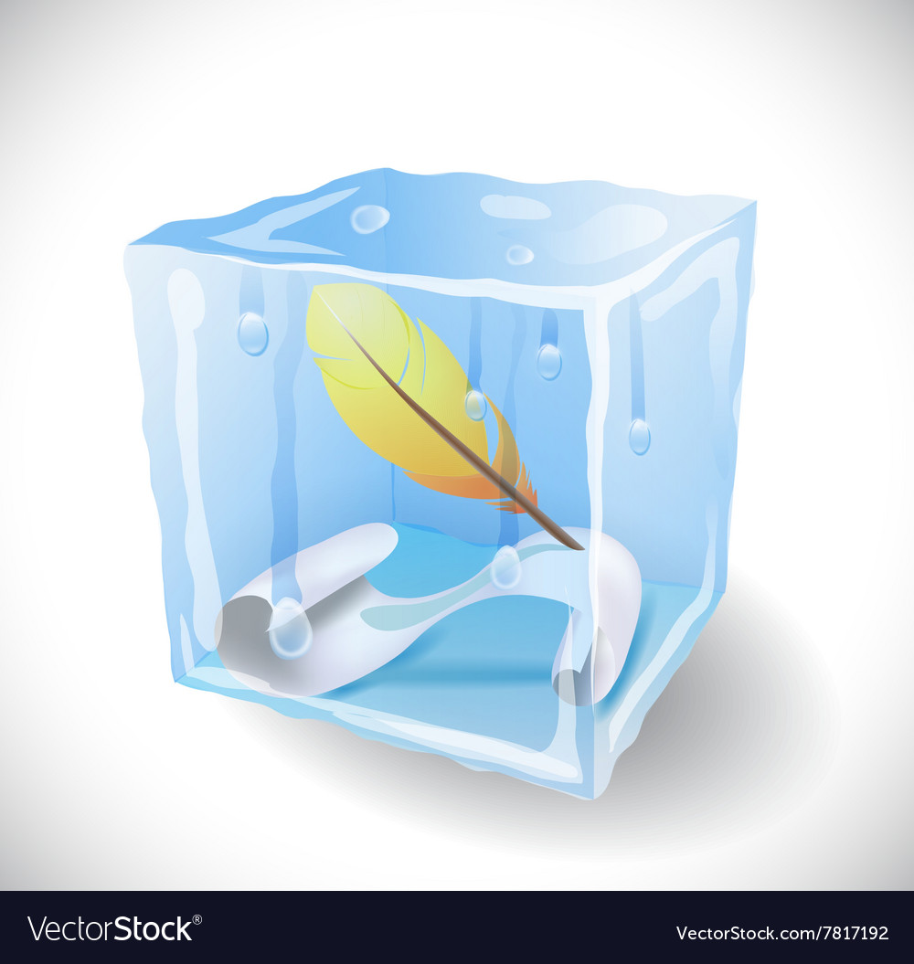 Ice cube with feather and paper
