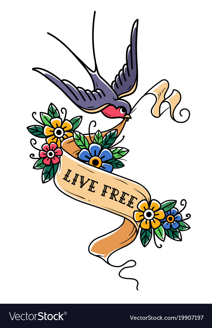 Bird flies and carries ribbon with flowers
