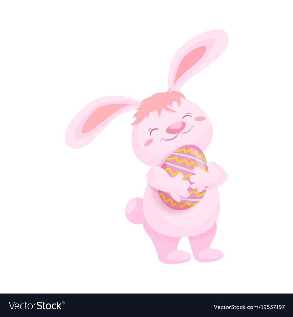 Cute fluffy pink bunny with a painted easter egg Vector Image