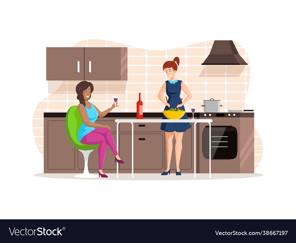 Women girlfriends resting together at kitchen