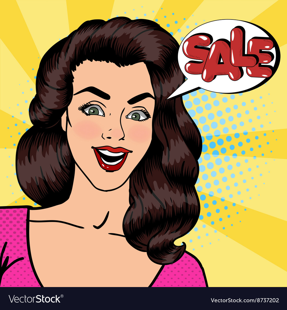 Happy woman shouts sale banner pop art