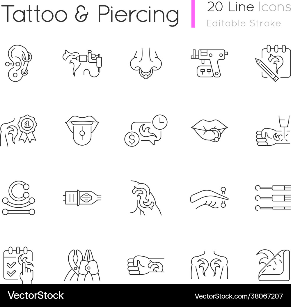 Tattoo and piercing linear icons set Royalty Free Vector
