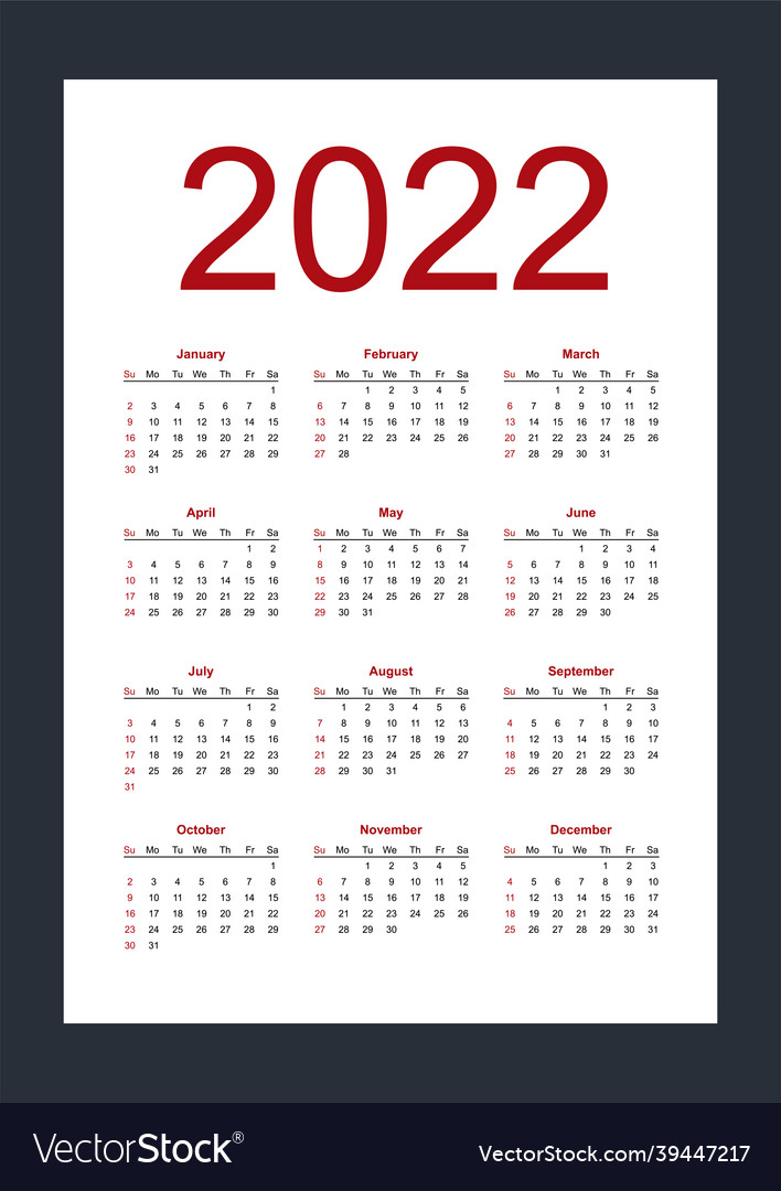 Simple editable calendar for year 2022 Royalty Free Vector