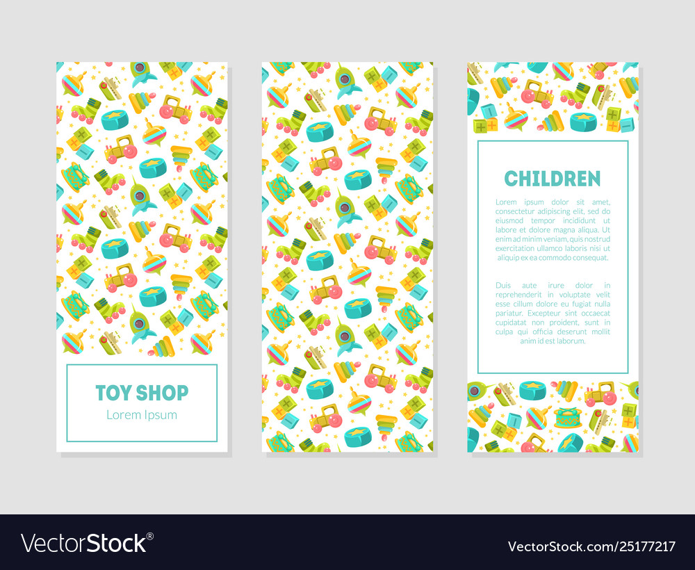 Spielzeugshop Banner Vorlagen mit niedlichen Babyspielzeugen vector image Spielzeugshop Banner Vorlagen mit niedlichen Babyspielzeugen