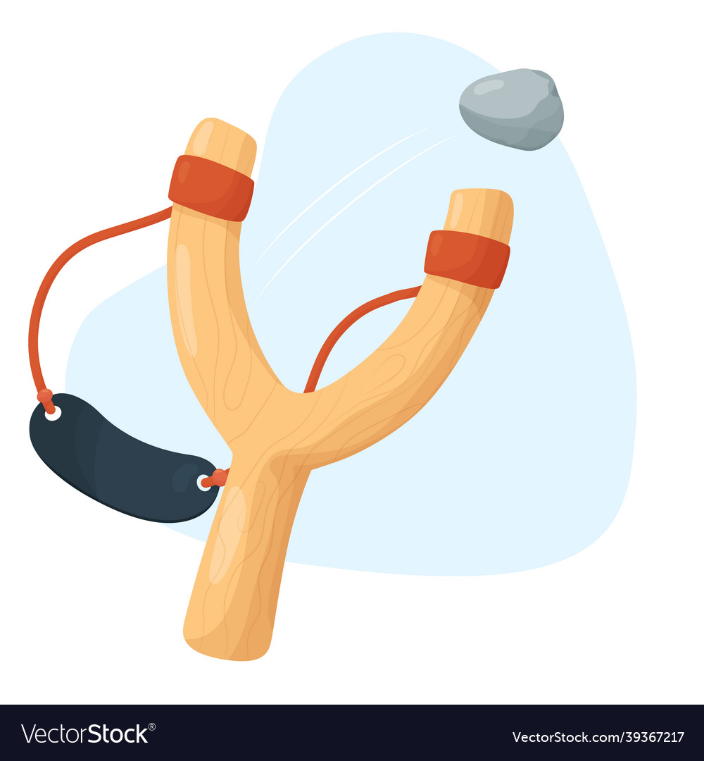 Wooden slingshot with stone isolated vector image. 