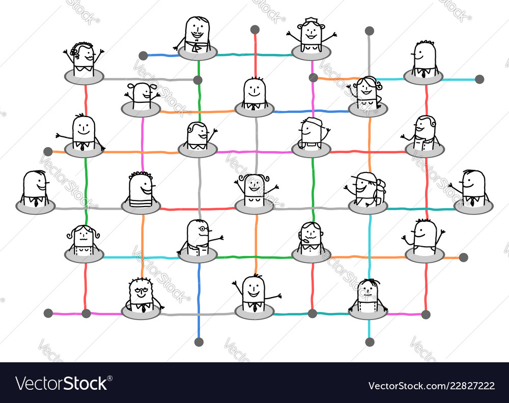 Cartoon connected people on big social network Vector Image