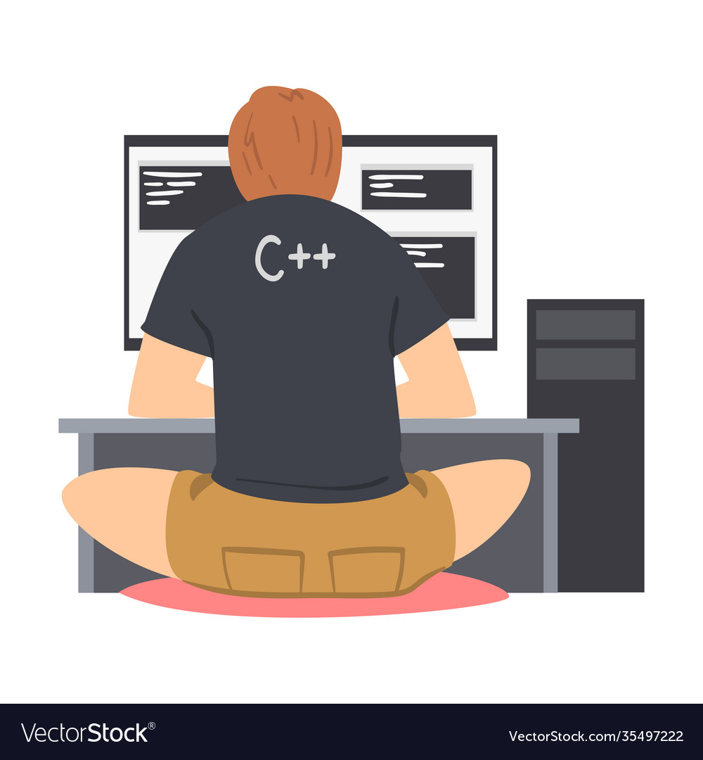 Man Web-Entwickler oder Programmierer arbeiten vor vector image Man Web-Entwickler oder Programmierer arbeiten vor