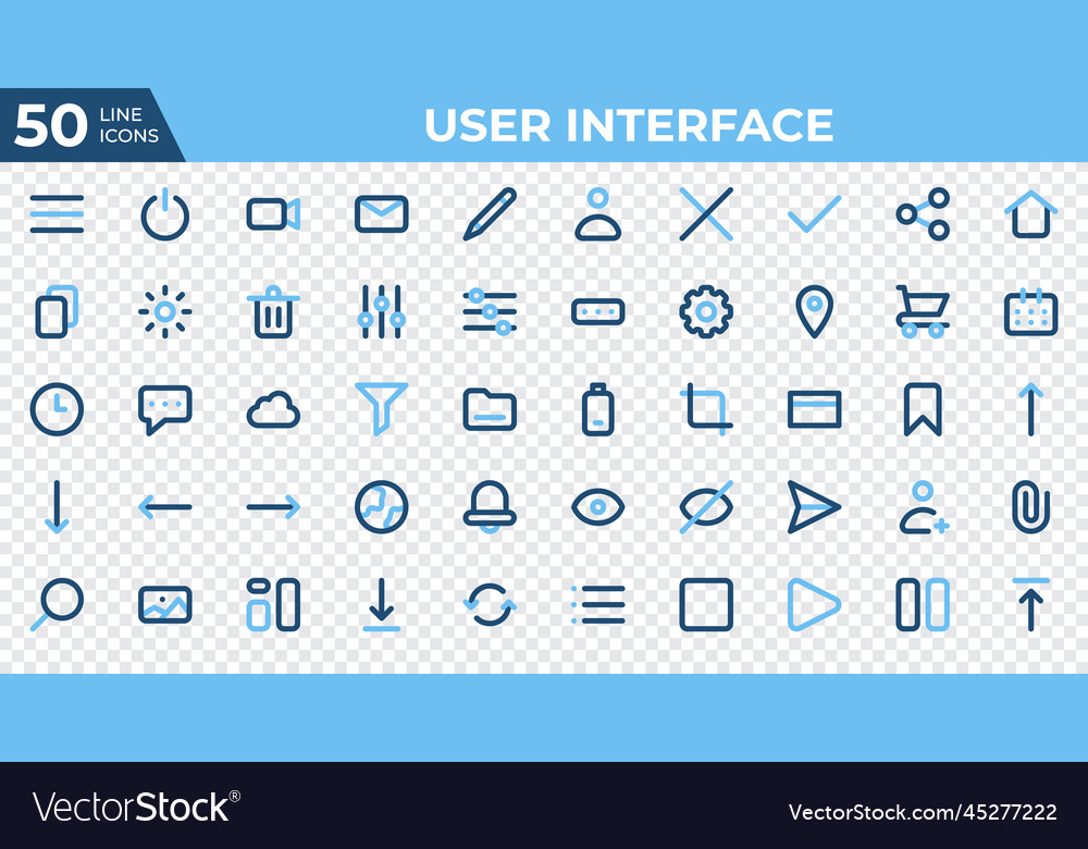Set of 50 user interface icons in colored line