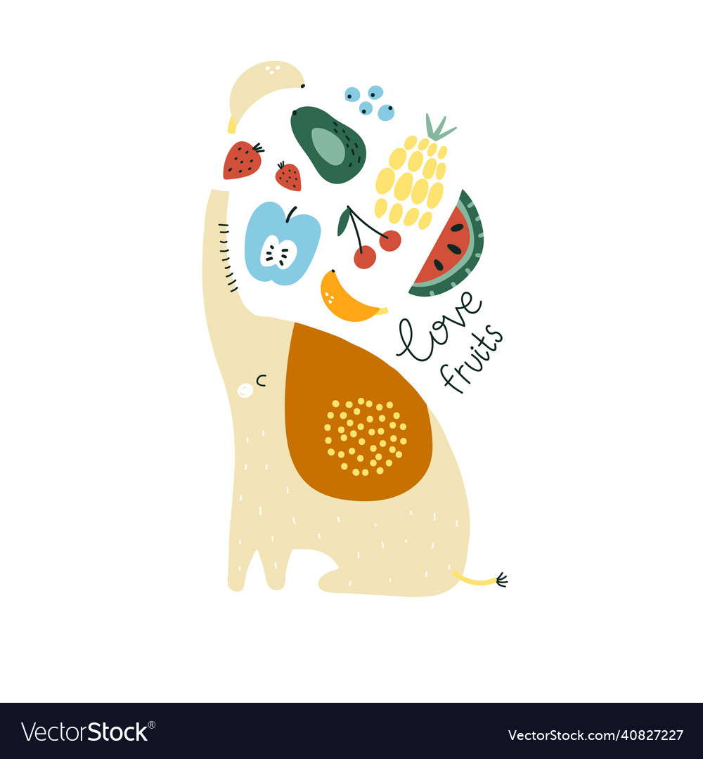 Cute isolated elephant with fruits love fruits vector image Cute isolated elephant with fruits love fruits