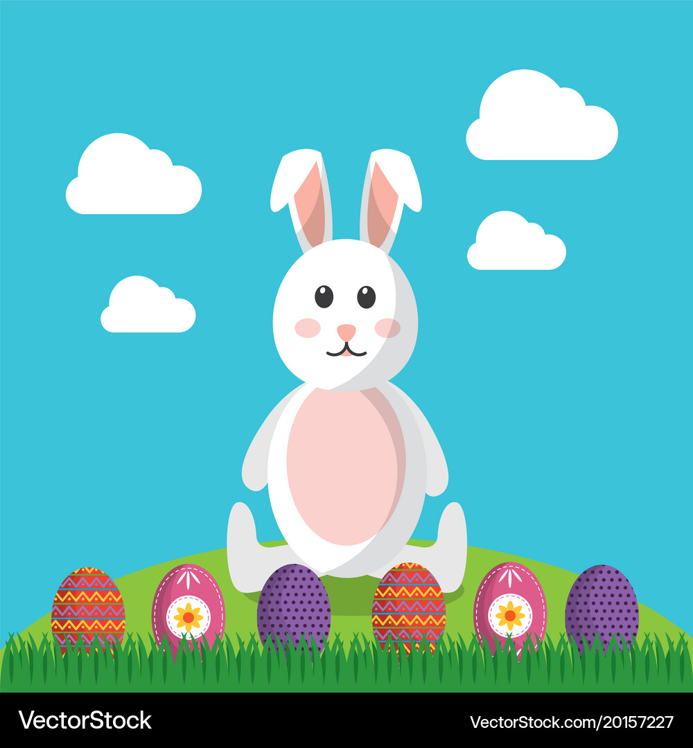 Cute rabbit sitting with differents easter eggs Vector Image