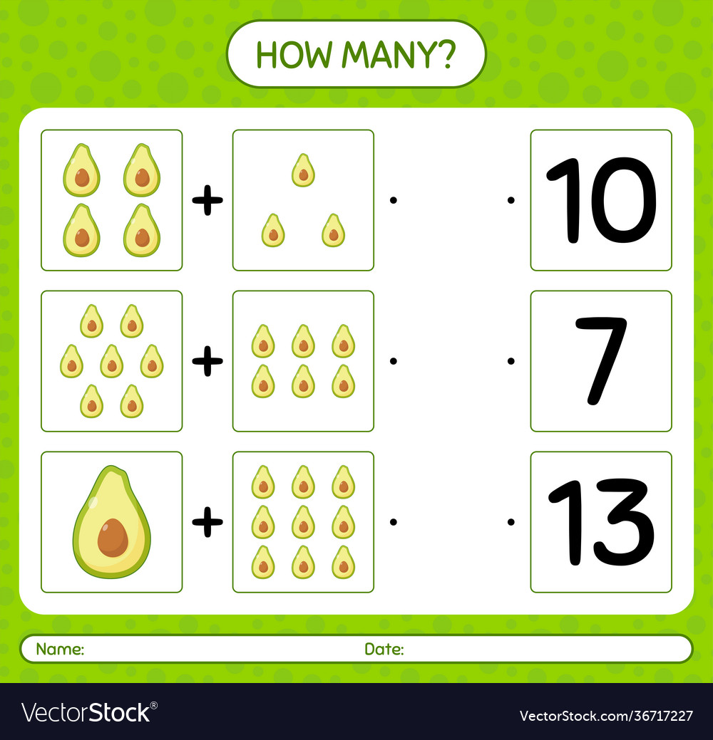 How many counting game with avocado worksheet vector image How many counting game with avocado worksheet