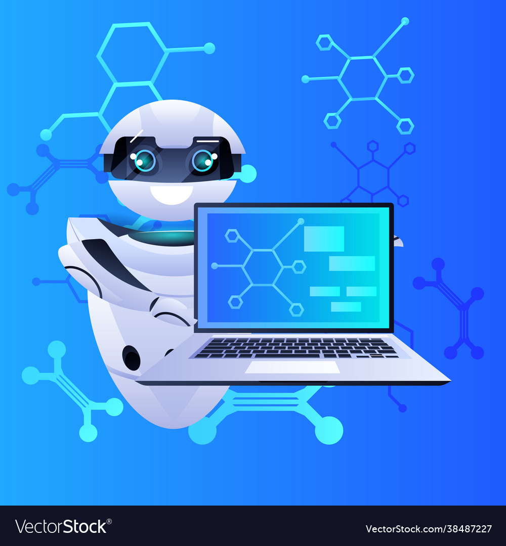 Modern robot using laptop artificial intelligence vector image Modern robot using laptop artificial intelligence