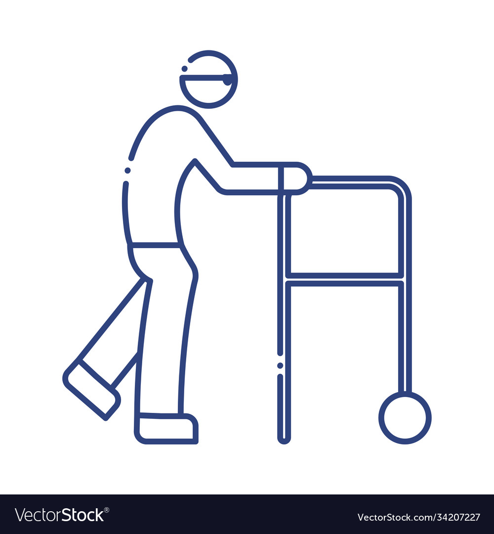 Old man using walker disabled line style icon