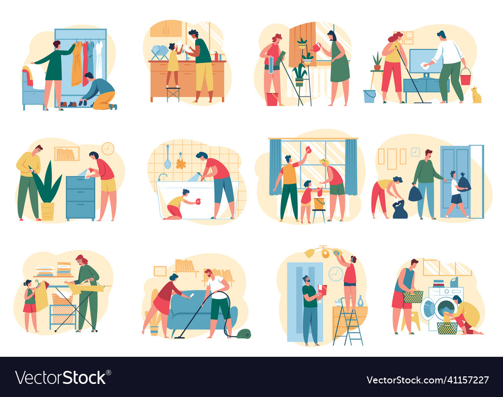 People family cleaning house with mop vacuum Vector Image