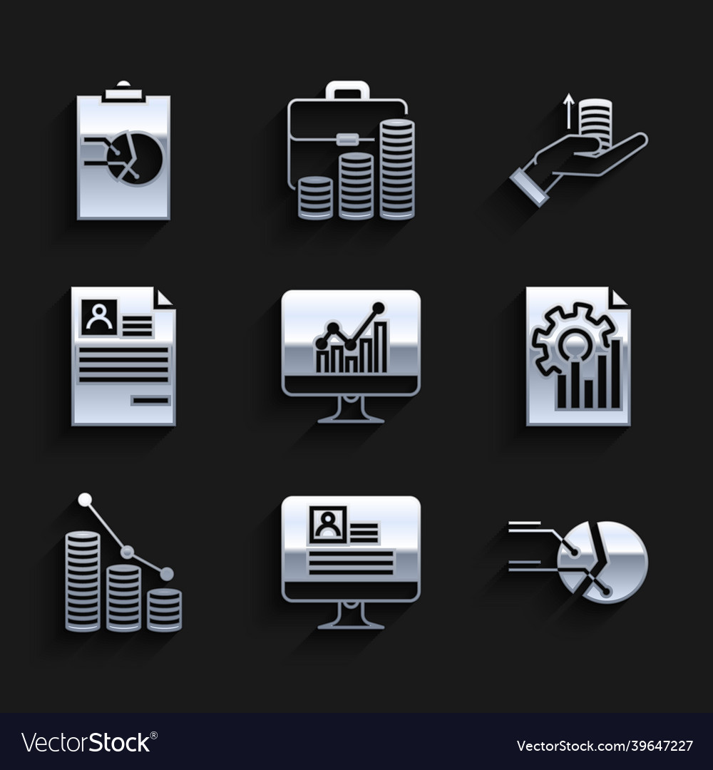 Set computer monitor with graph chart resume pie vector image Set computer monitor with graph chart resume pie