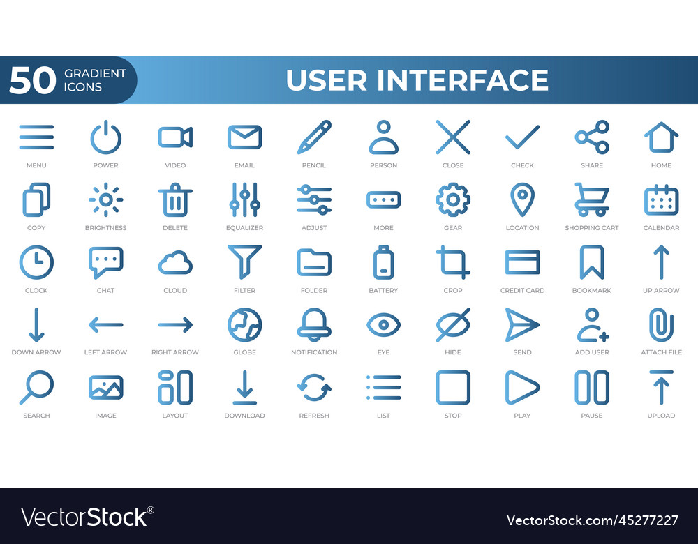 Set of 50 user interface icons in gradient style vector image Set of 50 user interface icons in gradient style