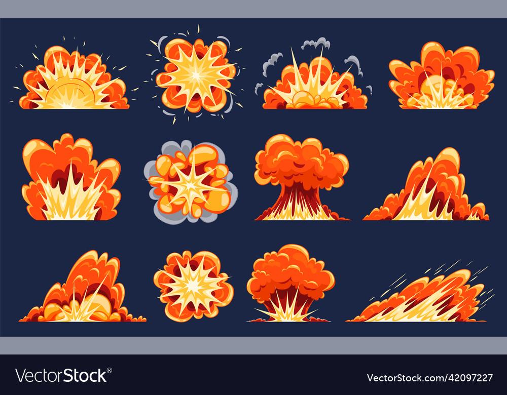 Set of explosions different types and kinds