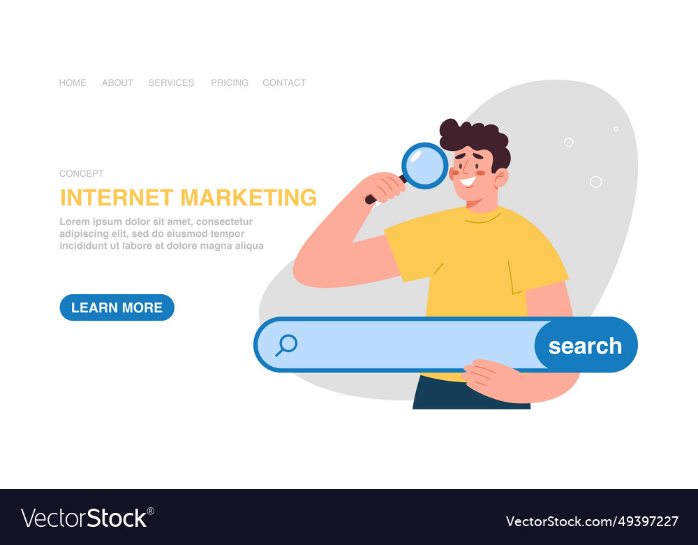 Web page with man holds search string vector image Web page with man holds search string