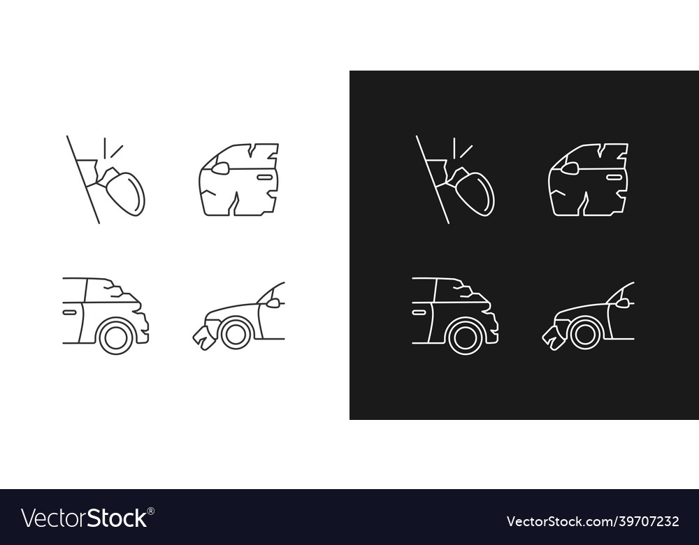 Auto body damage linear icons set for dark