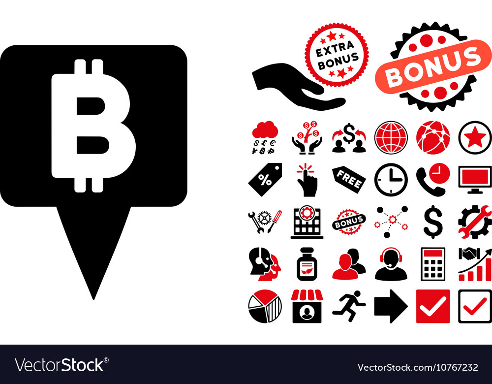 Bitcoin map pointer flat icon with bonus