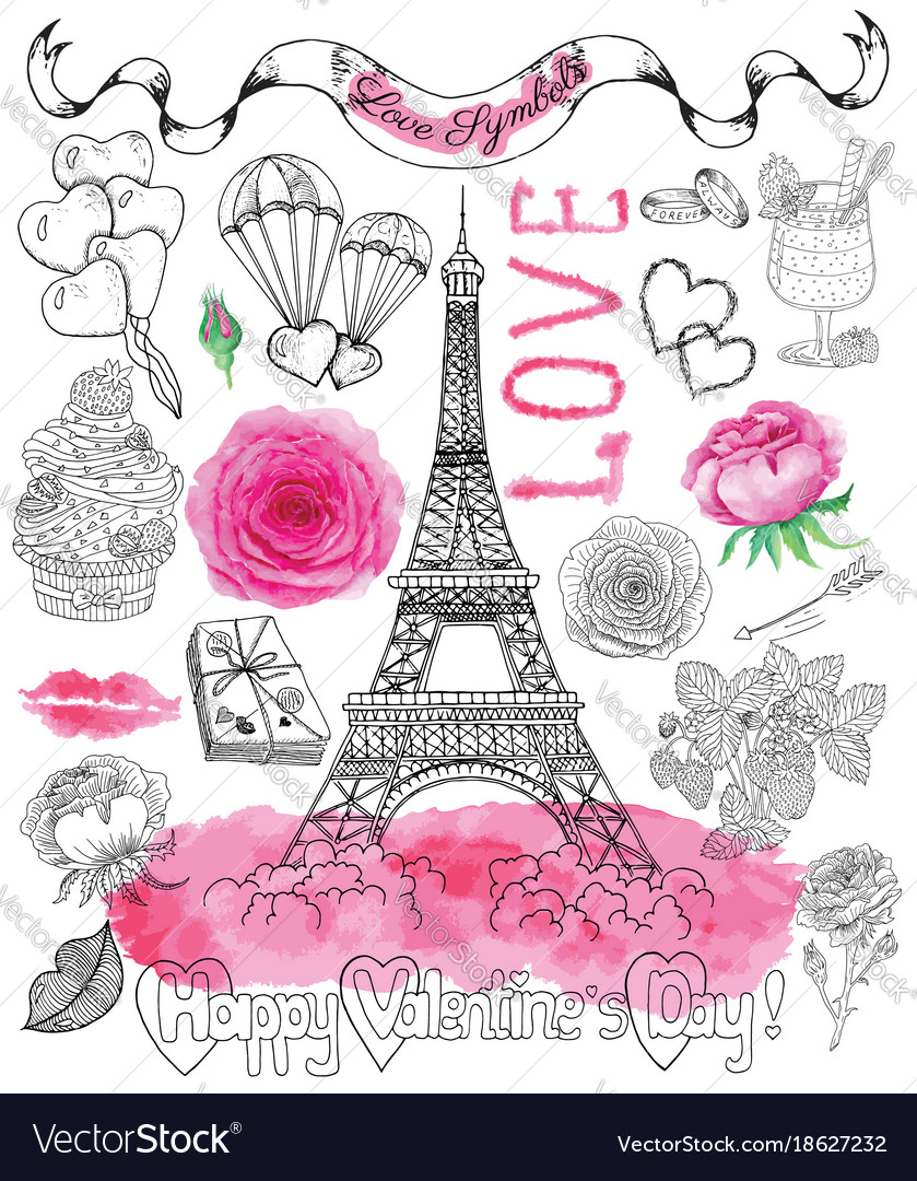 Design set with the eiffel tower and love symbols