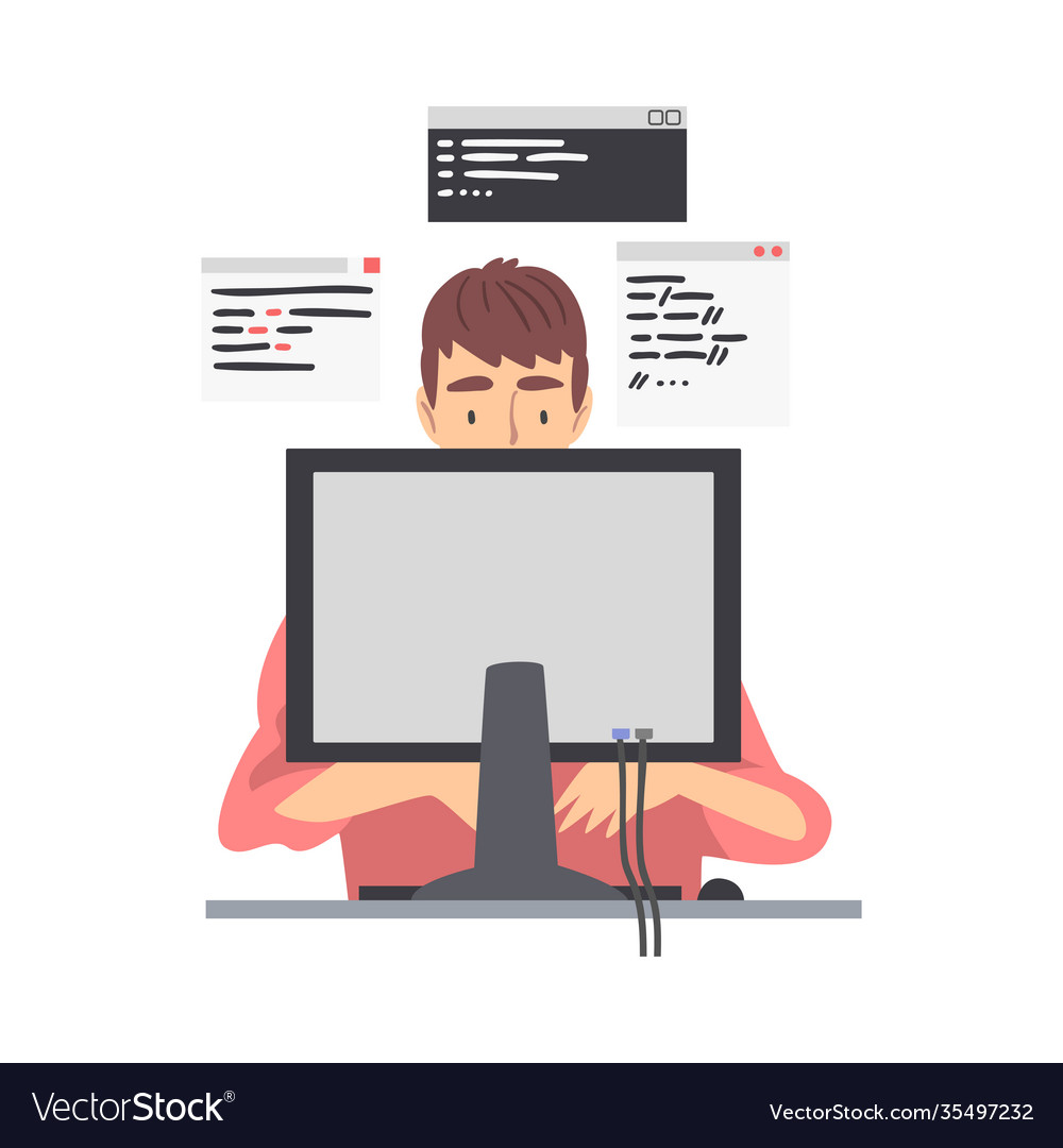 Man Web-Entwickler oder Programmierer arbeiten vor vector image Man Web-Entwickler oder Programmierer arbeiten vor