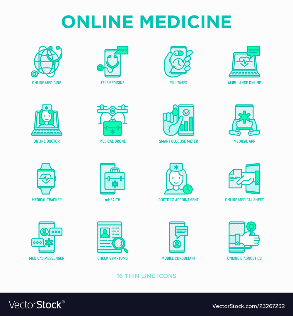 Online medicine telemedicine thin line icons