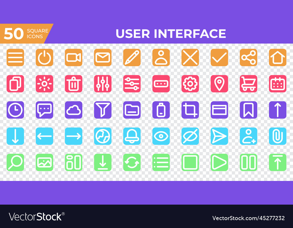 Set of 50 user interface icons in square style vector image Set of 50 user interface icons in square style