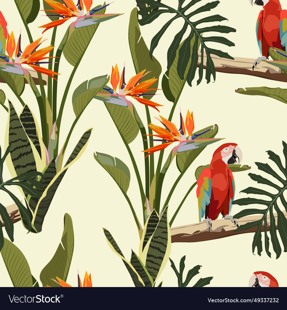 Tropical leaves strelitzia flowers birds seamless