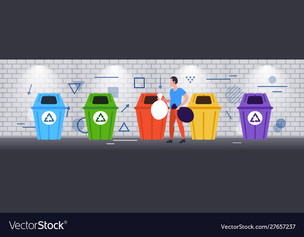 Man putting garbage bags in different types vector image Man putting garbage bags in different types