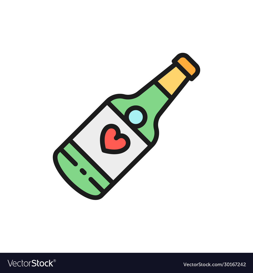 Champagne bottle wedding drink flat color line