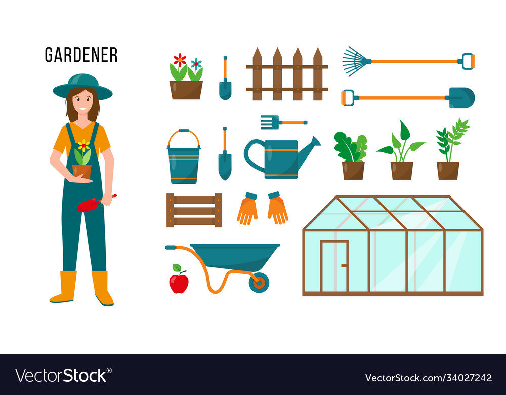 Gardener character and gardening tools Royalty Free Vector