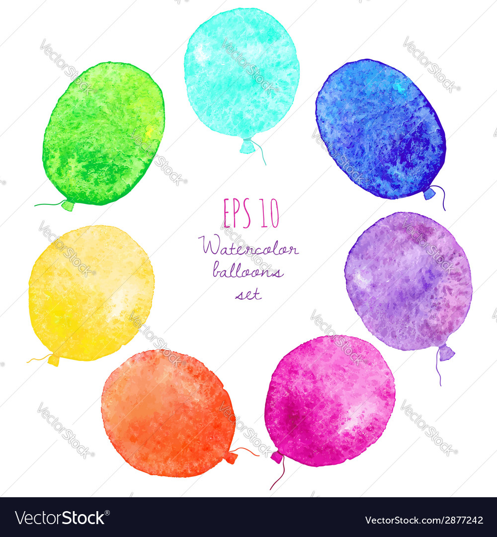 Set of multicolored balloons painted in watercolor