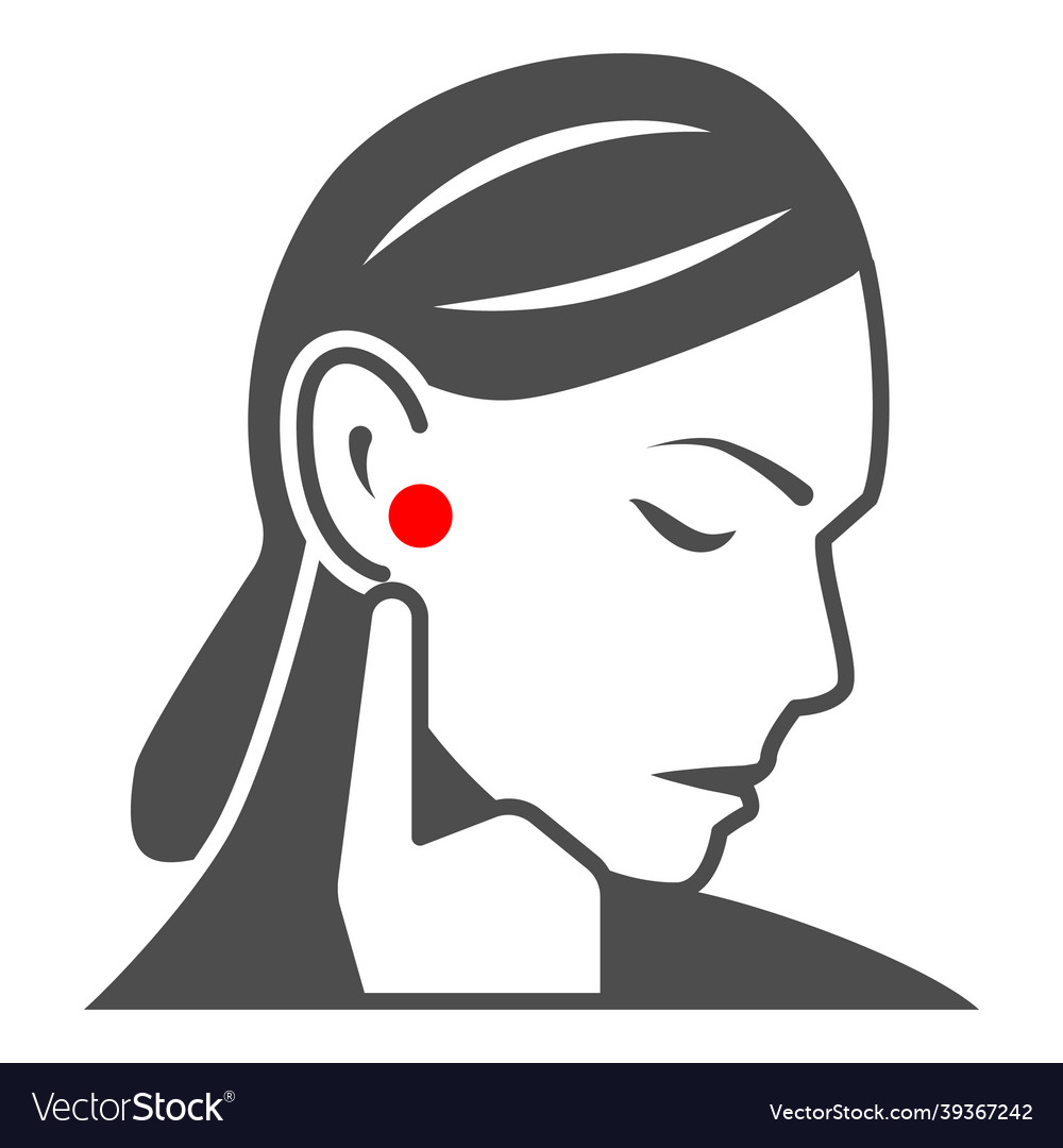 Woman ear hurts solid icon body pain concept