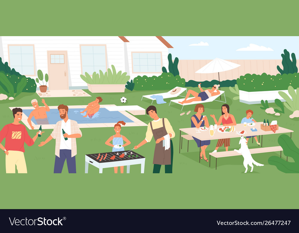 Adults And Kids Spending Time In Backyard At Vector Image