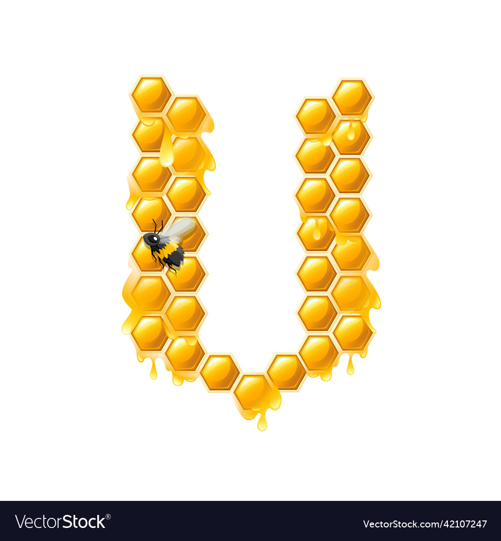 Honeycomb letter v with honey drops and bee flat