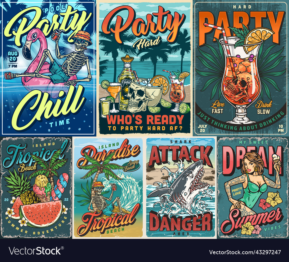Summer party set colorful flyers vector image Summer party set colorful flyers