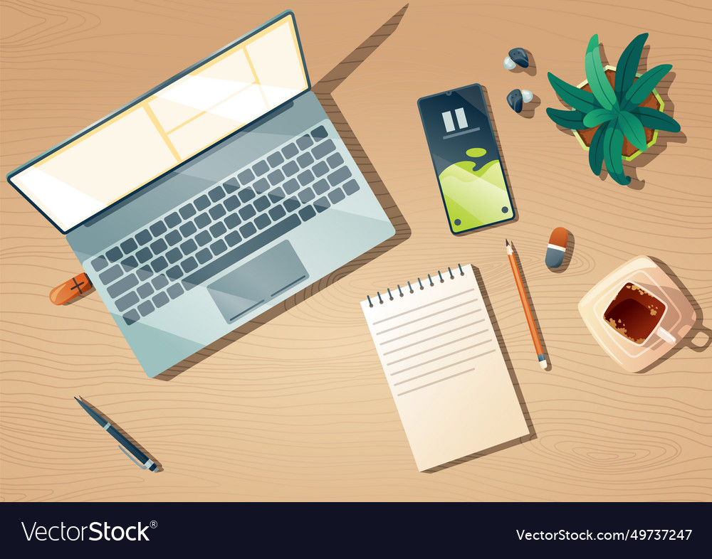 Top view of workspace with computer stationery