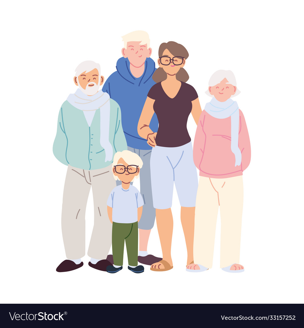 Mother father and son with grandparents cartoons Vector Image