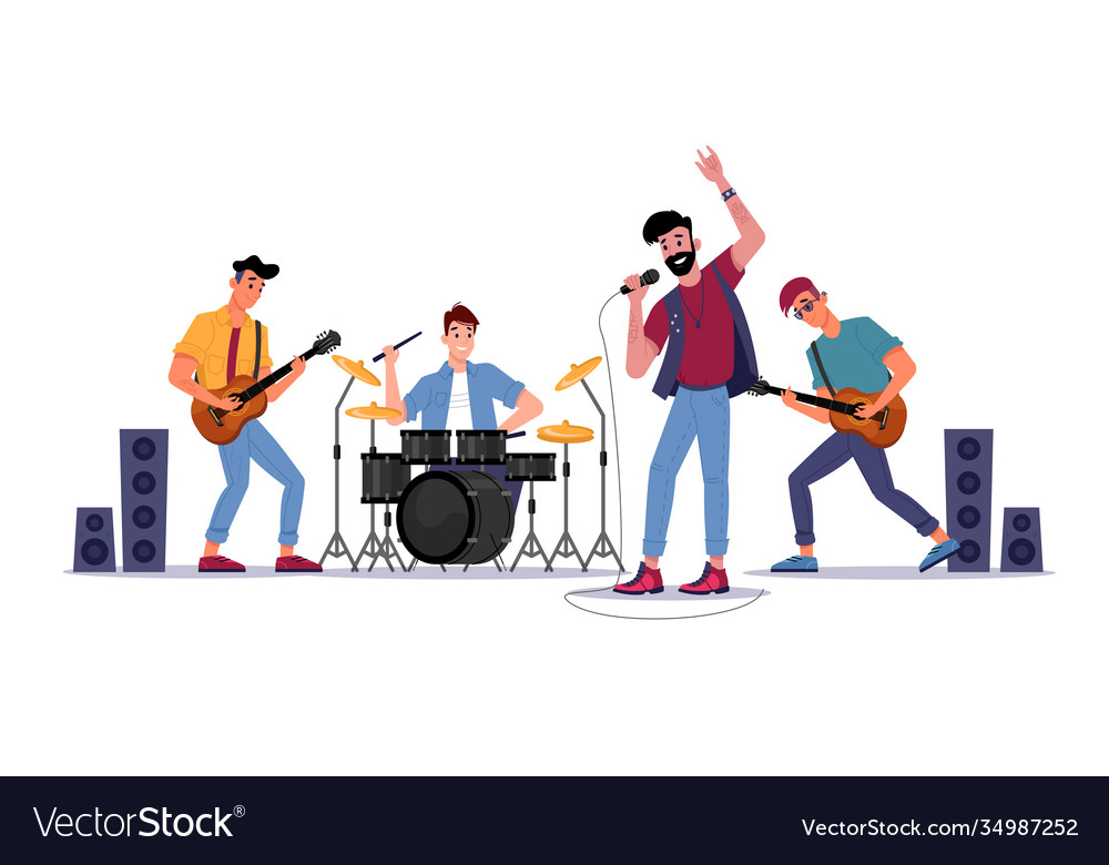 Musical Band At Rock Festival Guitar Mic Drum Vector Image