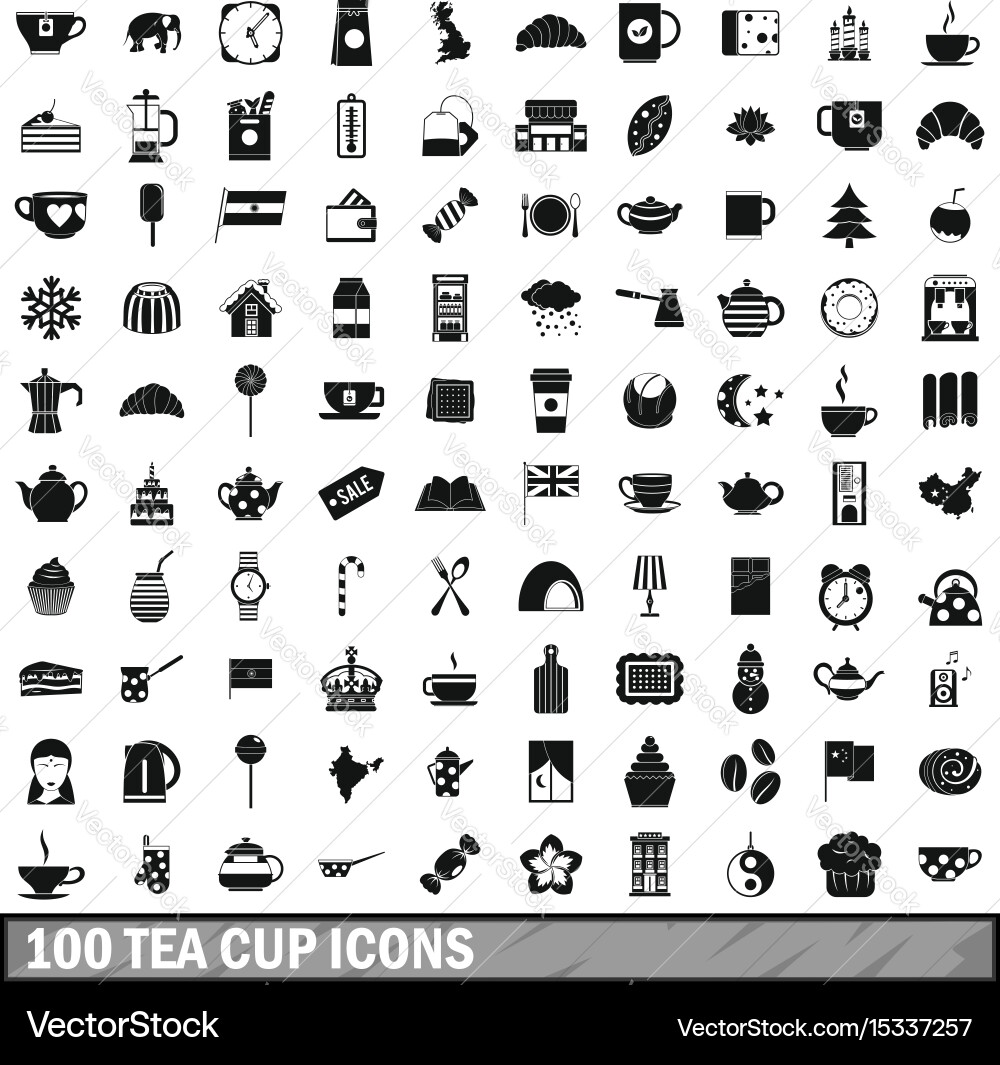100 tea cup icons set simple style Royalty Free Vector Image