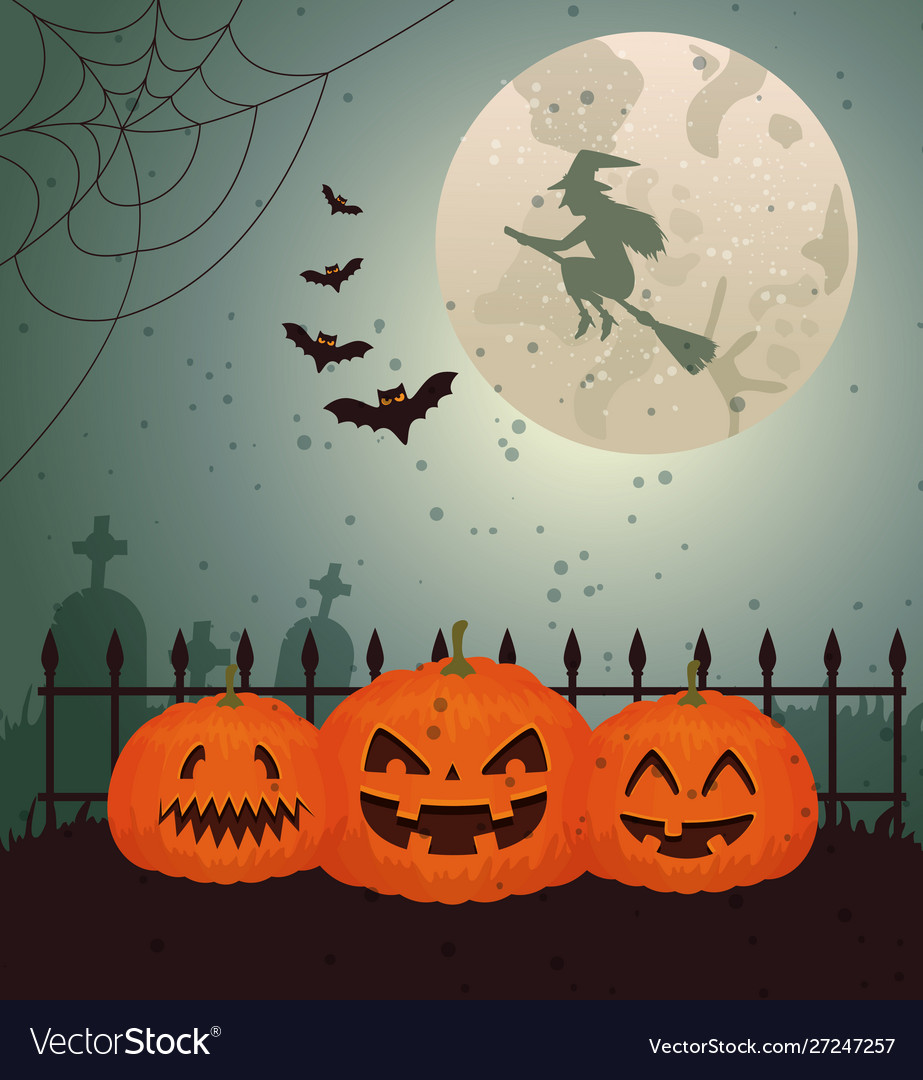 Halloween-Design mit Hexe über Mond und Friedhof